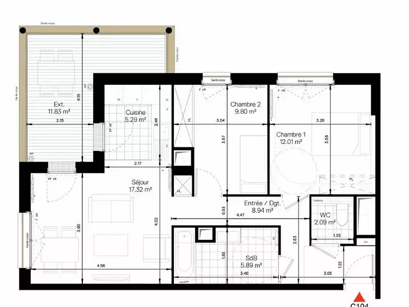 Appartement, 61,34 m²
