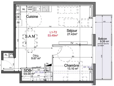 Appartement, 53,2 m²