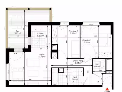 Appartement, 61,34 m²