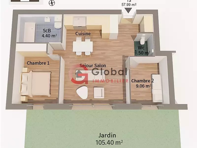 Appartement, 57,95 m²